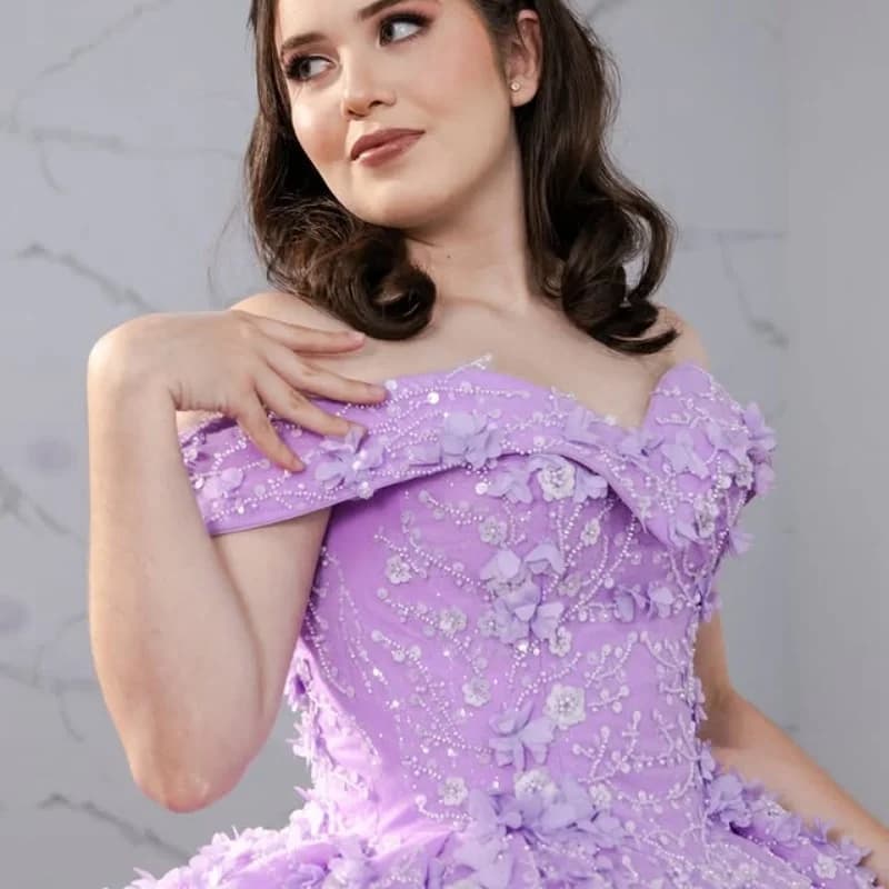 Abiti Quinceanera viola lavanda personalizzati con spalle scoperte Tull applique in cristallo fiore 3D Vestido De 15 Quinceanera