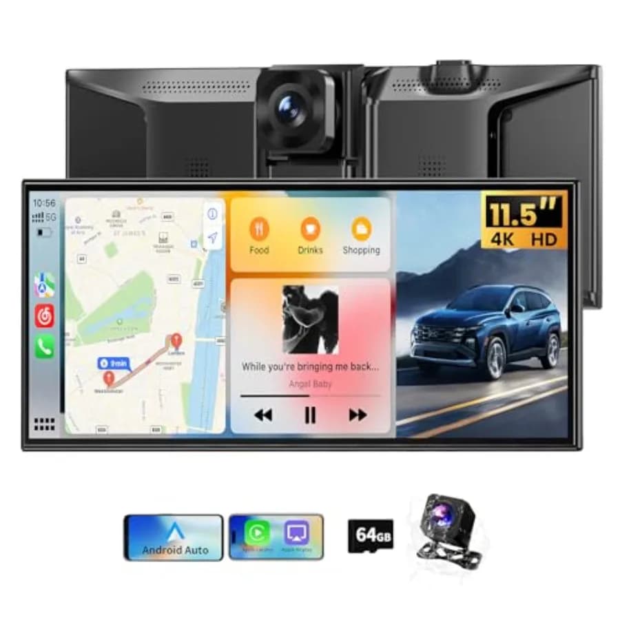 Car dashboard mount: aluminum alloy, black, 4K wireless Apple CarPlay Android Auto touchscreen with front/rear dash cam, GPS, B