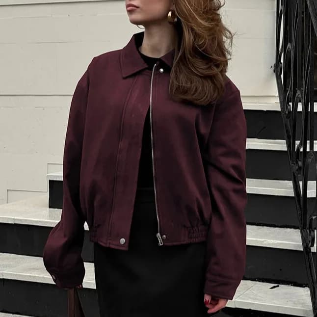 Autunno Inverno 2025 Vino Rosso Joker Risvolto Giacca a maniche lunghe Donna Slim Fashion High Street Giacca in pelle scamosciata Abbigliamento da donna