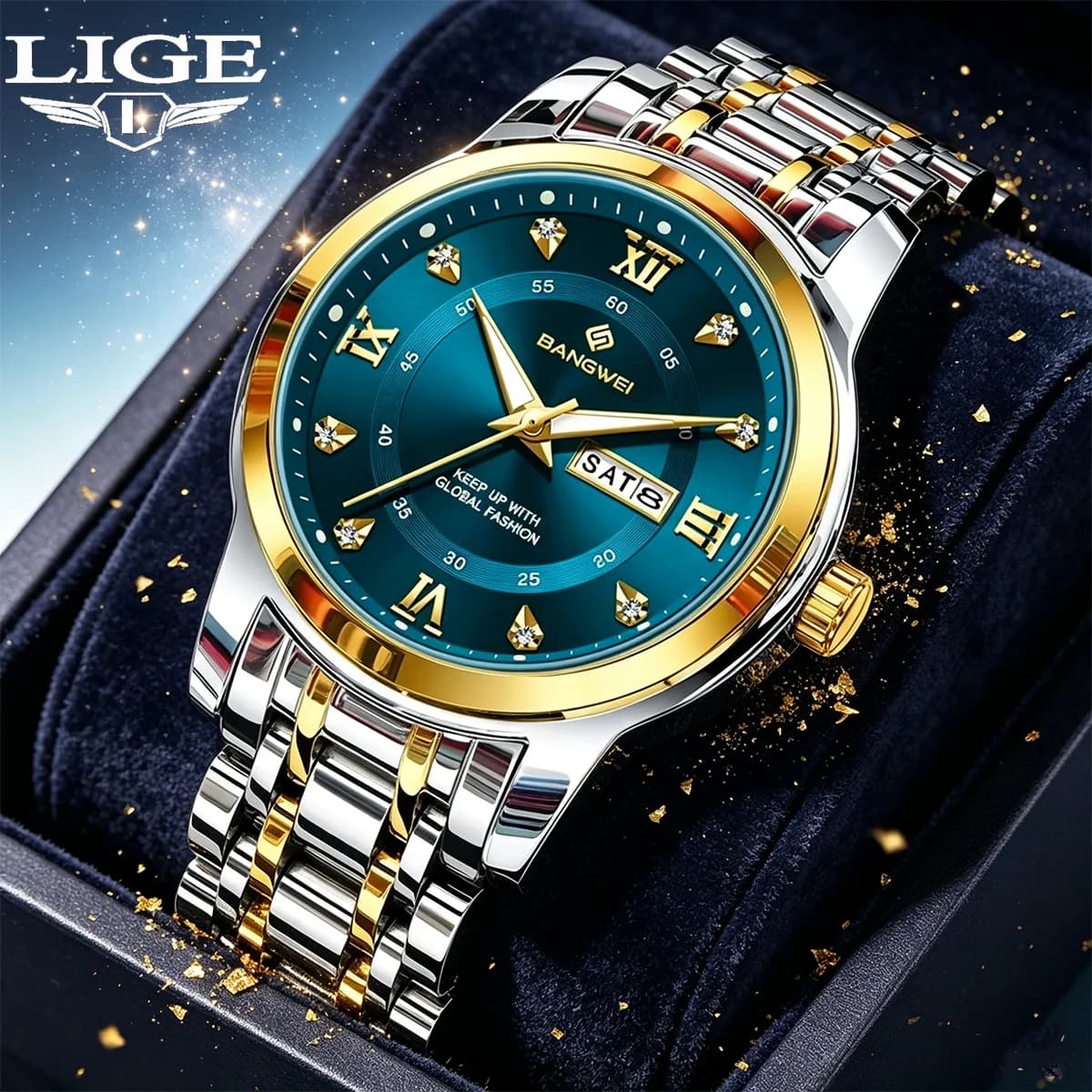 BANGWEI Blue Men's Luxury Watches Wristwatch Waterproof Stainless Steel Luminous Men Watch Date Week Quartz Men's Watches Reloj