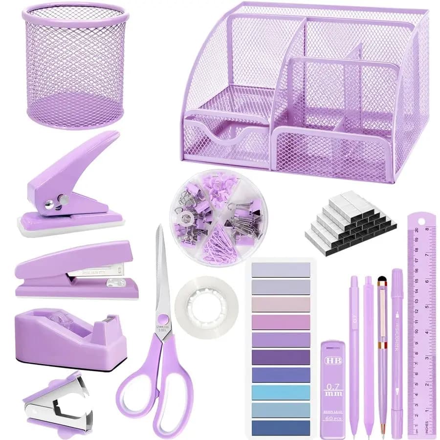 Accessori da scrivania, set di 17 pezzi di articoli per ufficio viola con cucitrice, organizer da scrivania in rete, dispenser per nastro adesivo, strumento per rimuovere graffette, portapenne