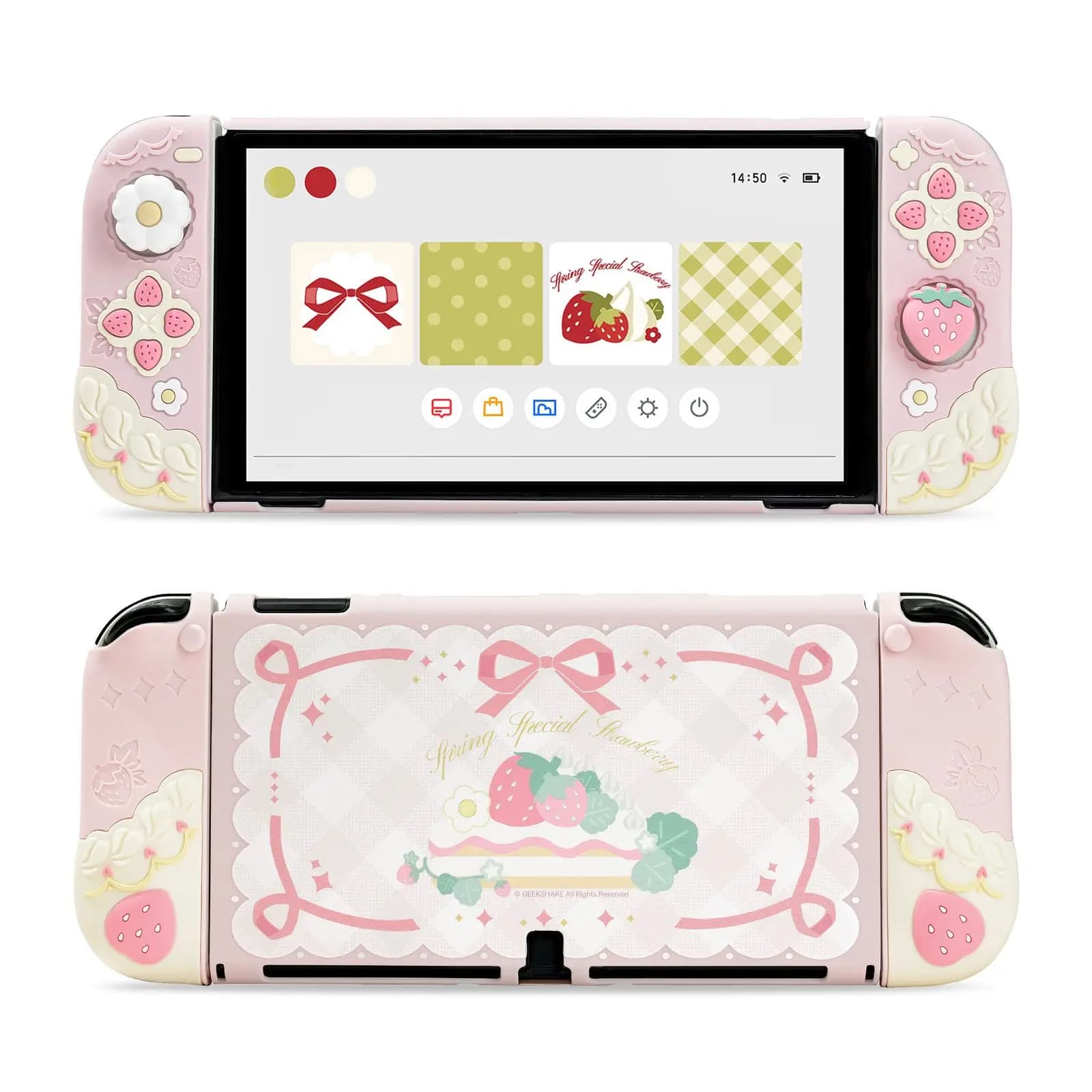 Custodia Protettiva Geekshare per Console Nintendo Switch OLED e Cover JoyCon con 2 Grip Personalizzati per Thumb Stick a Forma di Fragola