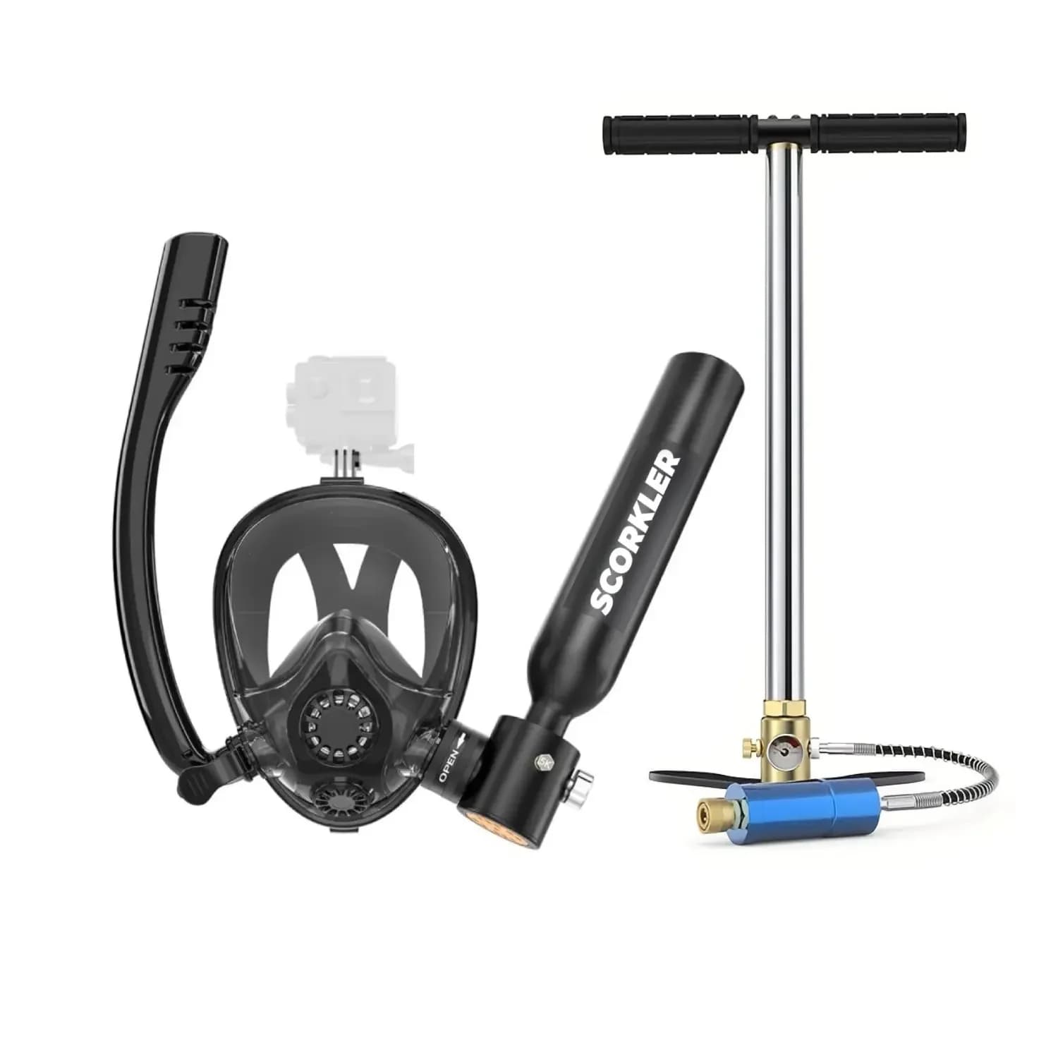 SCORKLER Snorkeling Full Face Mask with 0.5 Liter Diving Tank and Hand Pump Dive Cylinder Adult Dive Equipment