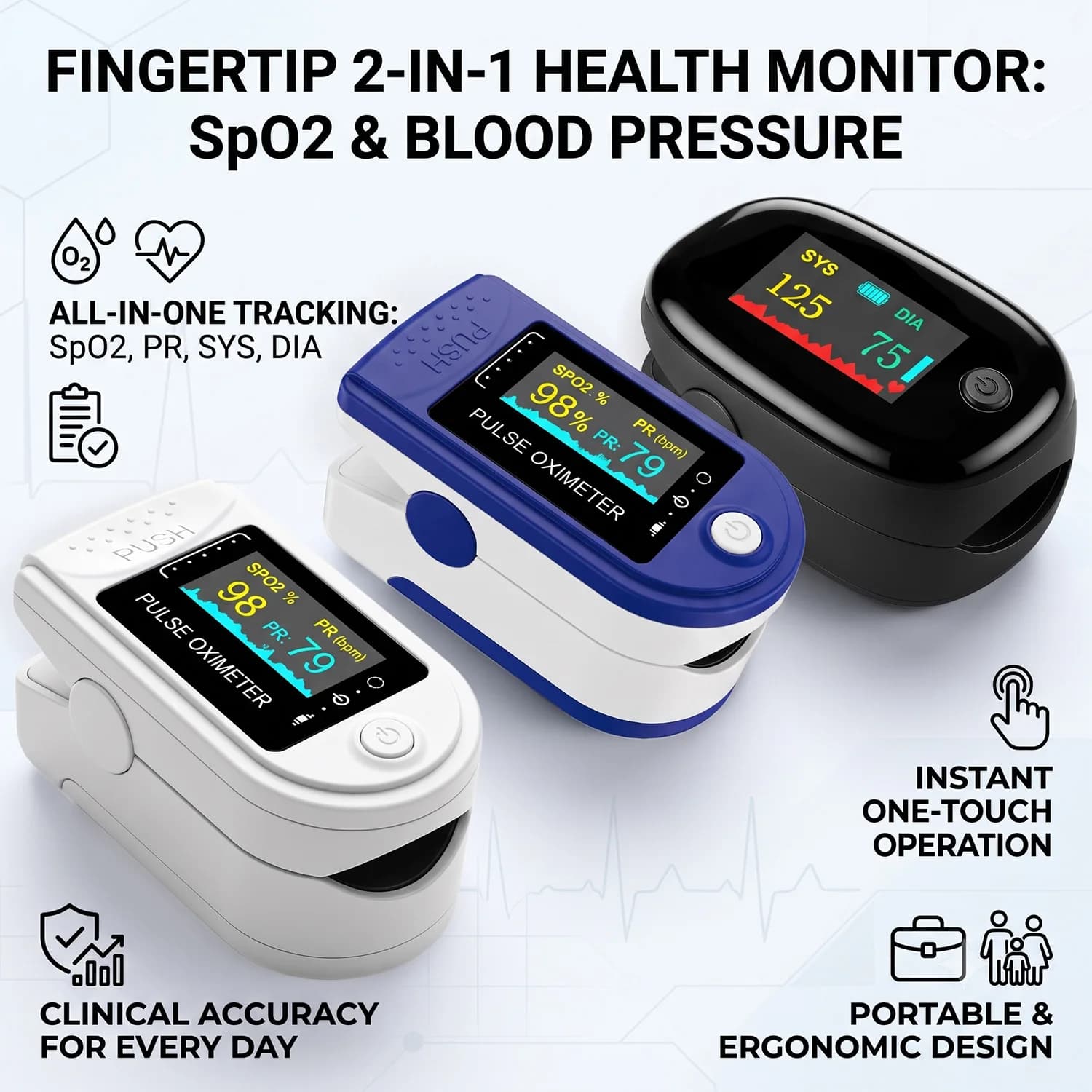 2IN1 Fingertip Oximeter Blood & Pressure Monitor Home HD LED BP Meter Finger Clip Portable Visual Pulse Saturation SpO2 Oxymeter