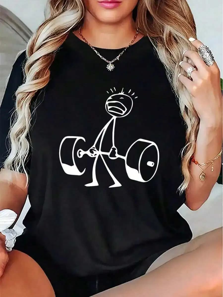Oversized Funny Workout Graphic T-Shirt With Stick Figure Lifting Weights Print 100% Cotton Loose Fit Casual Streetwear