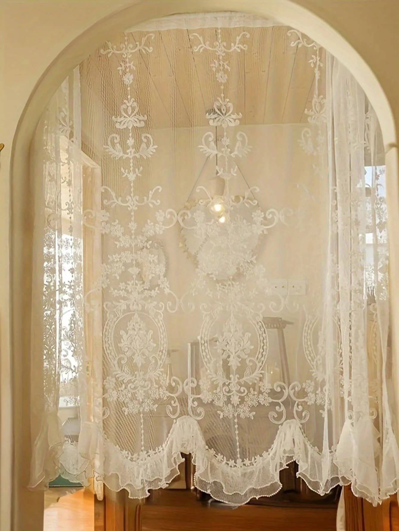 1 Pezzo Tenda Ricamata con Perle in Stile Vintage Francese, Drappeggio per Porta in Stile Classico per Arredamento Casa