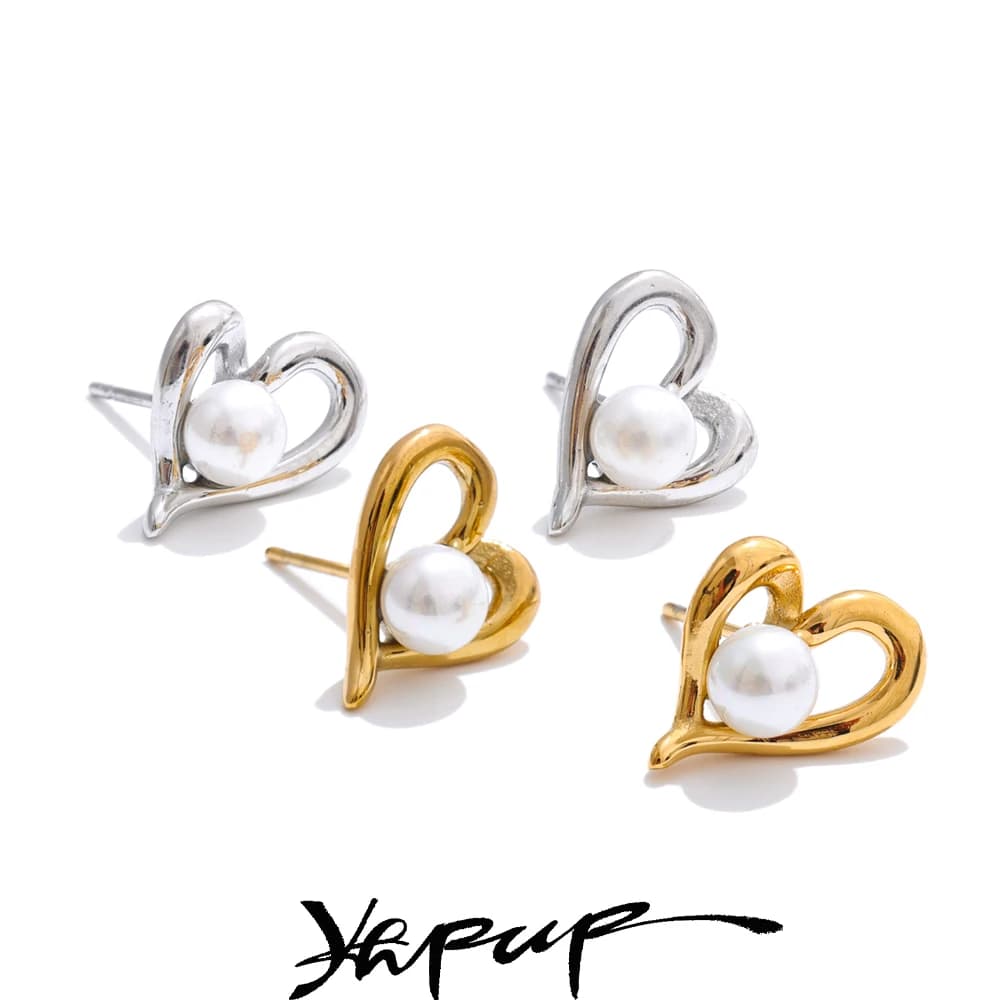 Yhpup Korean Style Simulated Pearls Heart Love Daily Stud Earrings for Women Stainless Steel Chic Versatile Jewelry New