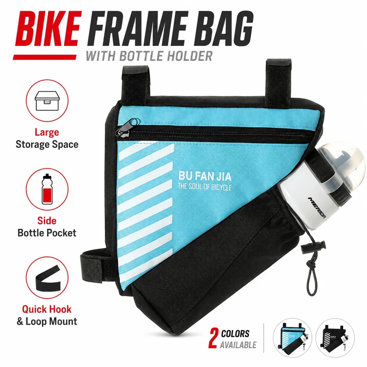 Bicycle Triangle Frame Bag with Water Bottle Pocket, Zippered Cycling Storage Pack for Commuter, Road and Mountain Bike Gear Kit