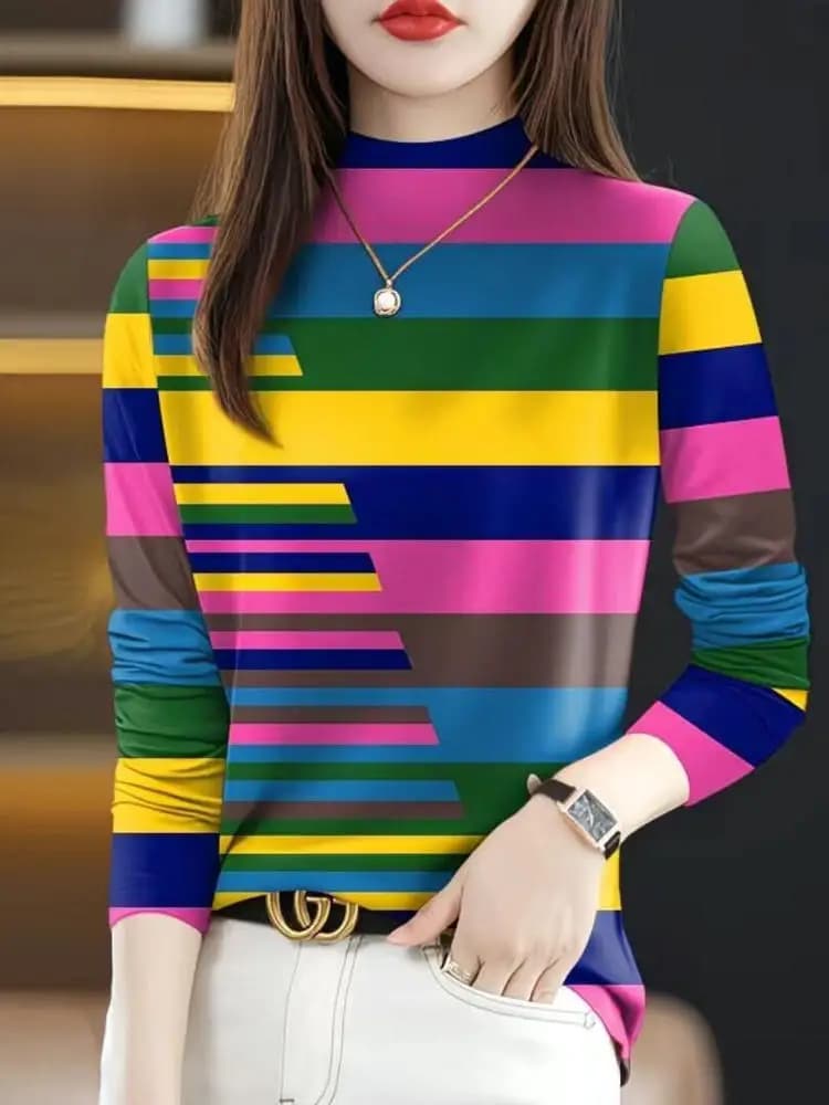 T-shirt a maniche lunghe da donna, casual, alla moda, con collo a mezza altezza, comoda, traspirante, con design stampato