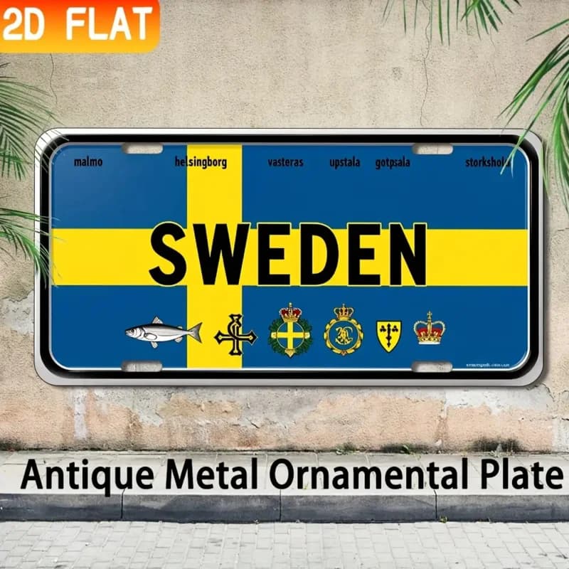 HD Aluminum Print, Vintage Sweden Flag Swedish Cities Emblems License Plate Style Wall Art, High Definition Bend-Resistant Metal