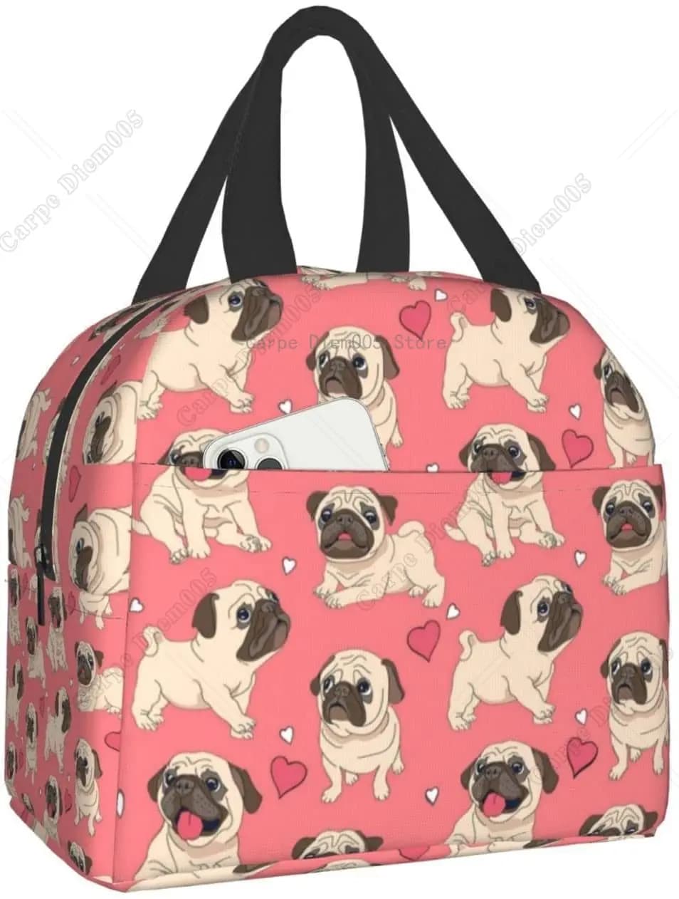 Simpatico cucciolo di carlino per cani, borsa per il pranzo per ragazze, donne, scuola, borsa per il pranzo isolata, riutilizzabile, portatile, impermeabile, da viaggio, da picnic