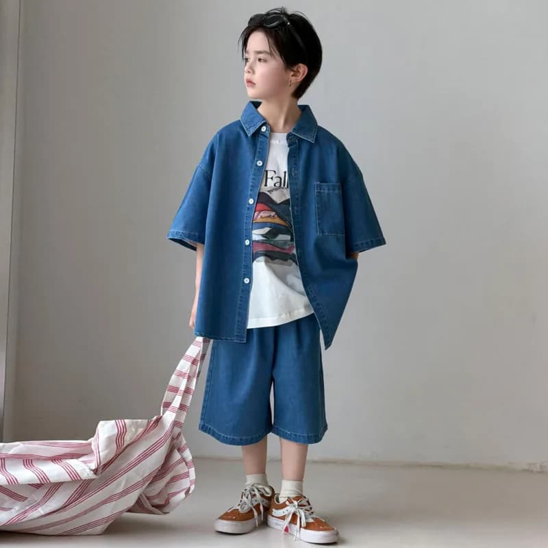 Boy Teenagers Demin Jean 2piece Set 26 Summer Autumn Short Sleeve Pants Loose Casual Big Kid Children Clothes 3-18 Years Outfit