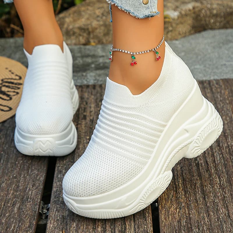Women's Robust White Knit Sneakers 2026 Sport Shoes with Spring Breathable Mesh Plates Women Plus Size 42 Shoes with Hidden Heel Dad Shoes