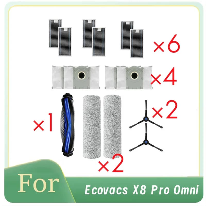 Set di 15 Accessori Ultra Resistenti per Robot Aspirapolvere Ecovacs X8 Pro Omni: Spazzola Laterale, Filtro HEPA, Panno per Pulizia, Sacchetto Raccoglipolvere