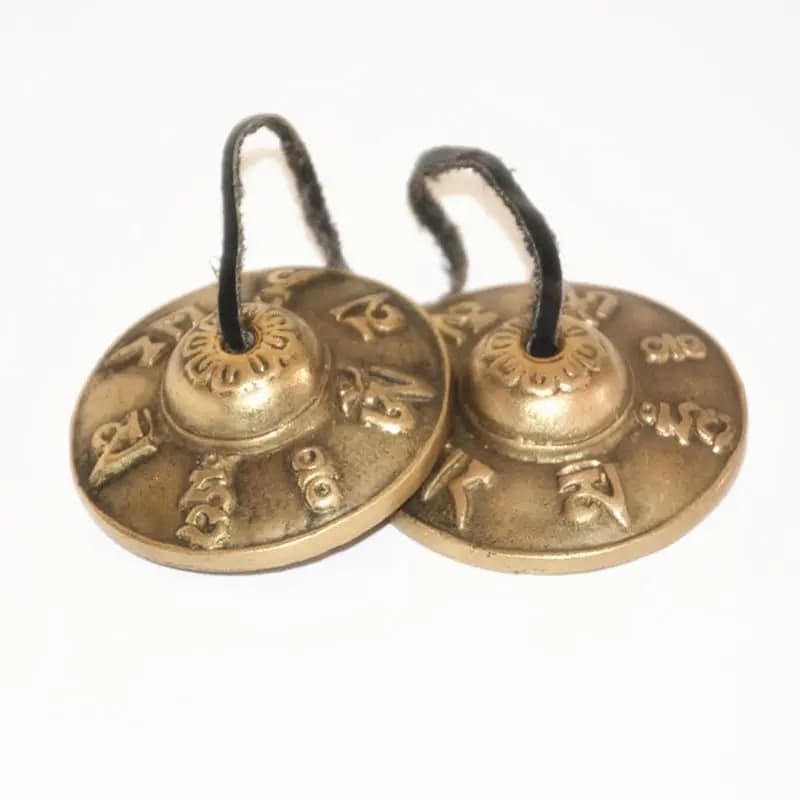 Tibetan Buddhist Singing Bells Pair Mantras Cymbals OM MANI PAD ME HUM Brass Golden