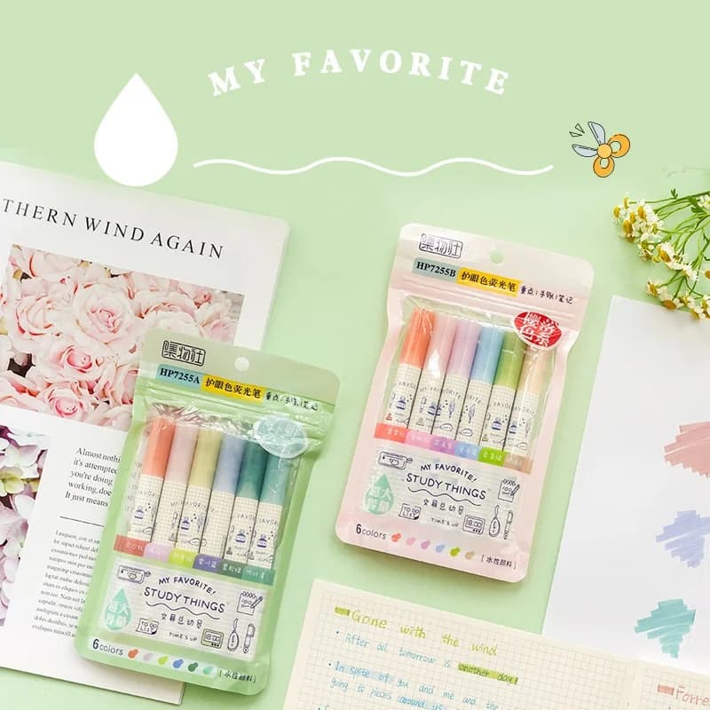 Set di 6 Evidenziatori a Colori Delicati per Studio, Cancelleria con Motivi, Pennarelli per Disegno, Ufficio e Scuola A7130