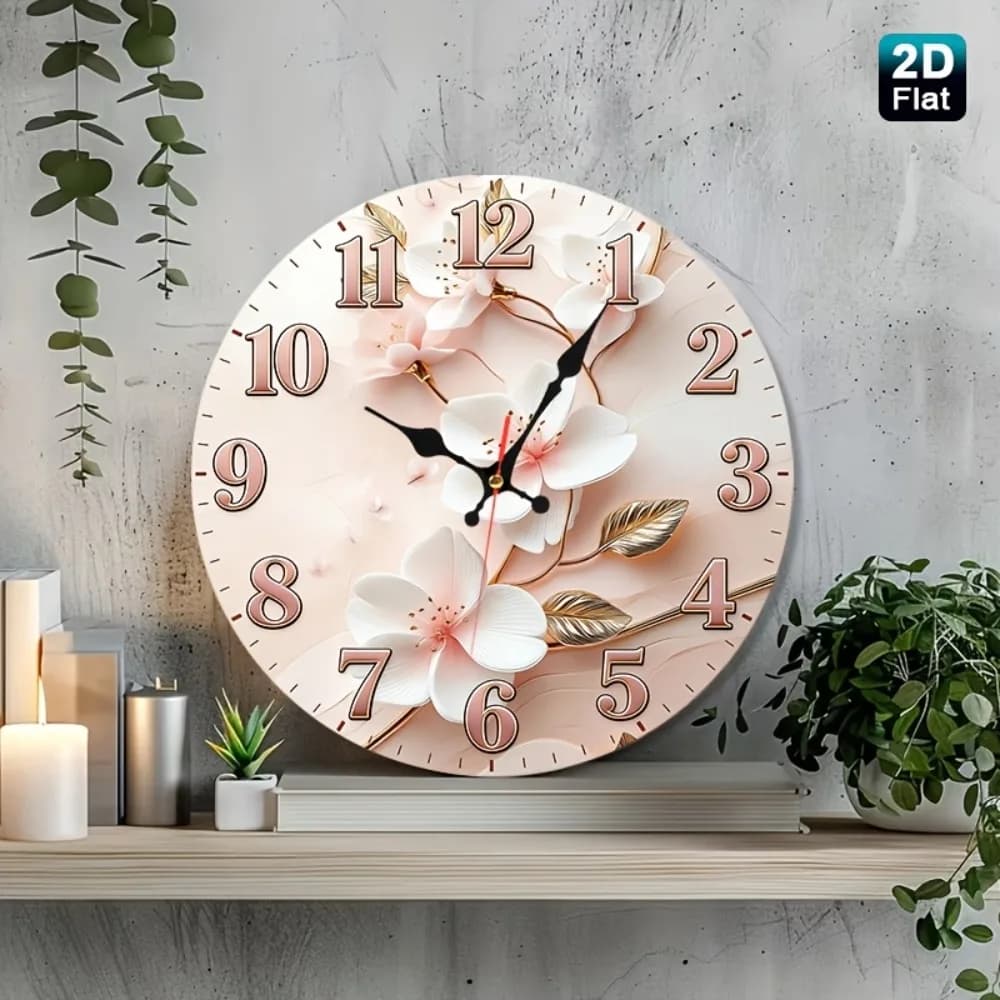 Orologio da parete per cameretta dei bambini in legno, piatto 2D, 1 pezzo, con fiori bianchi e rosa e foglie dorate, design botanico elegante, decorazione sofisticata