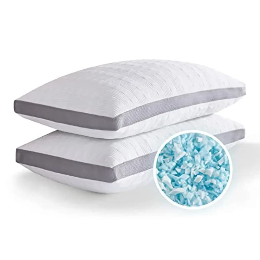 Set di 2 cuscini rinfrescanti king size, in memory foam sminuzzato, grigio, supporto regolabile per chi dorme sulla schiena e sul fianco, con rivestimento rimovibile.