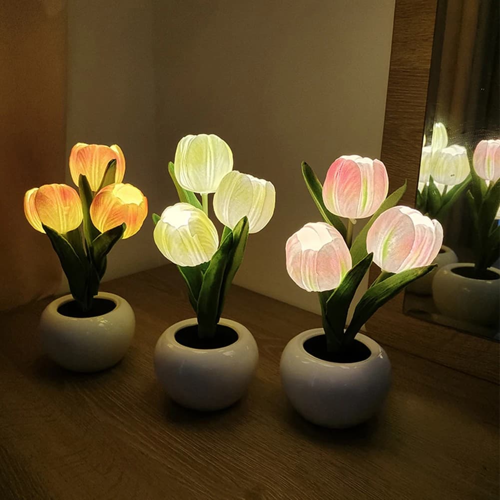 Lampada a LED a tulipano con fiori artificiali in vaso, lampada da comodino, luce notturna, decorazione per la casa, lampada da tavolo, lampada per atmosfera fotografica INS