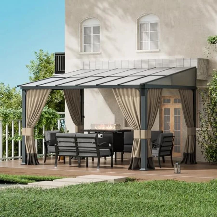 Gazebo for patio, metal frame, sand color, sloping sun panel roof and double curtains for garden, lawn, backyard deck