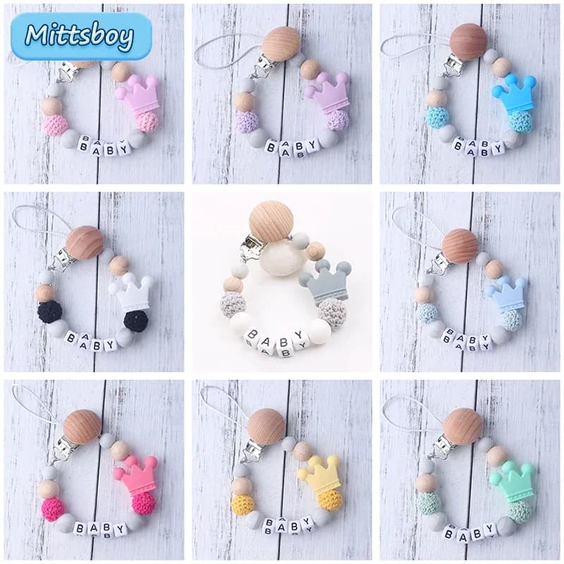 NUOVO nome personalizzato personalizzato ciuccio clip fatta a mano catena in legno di faggio supporto per corona in silicone succhietto giocattolo per la dentizione del bambino regalo da masticare