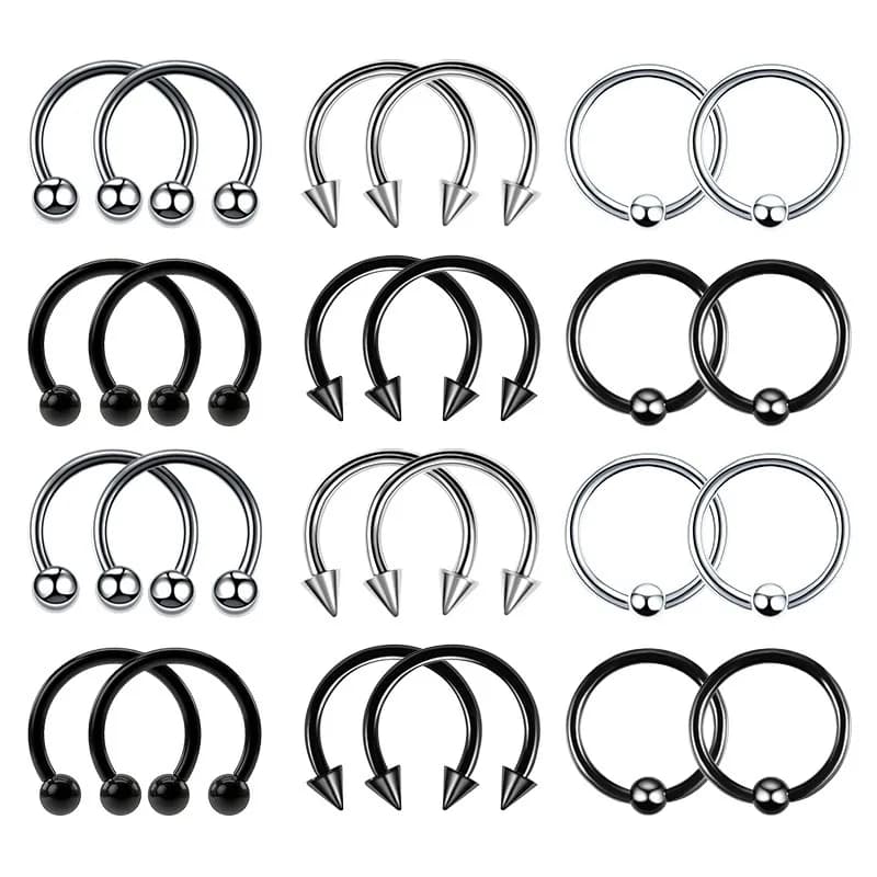 24pc 16G Multiuse Stainless Steel Piercing Rings - Hypoallergenic Horseshoe Hoops for Nose, Cartilage, & More