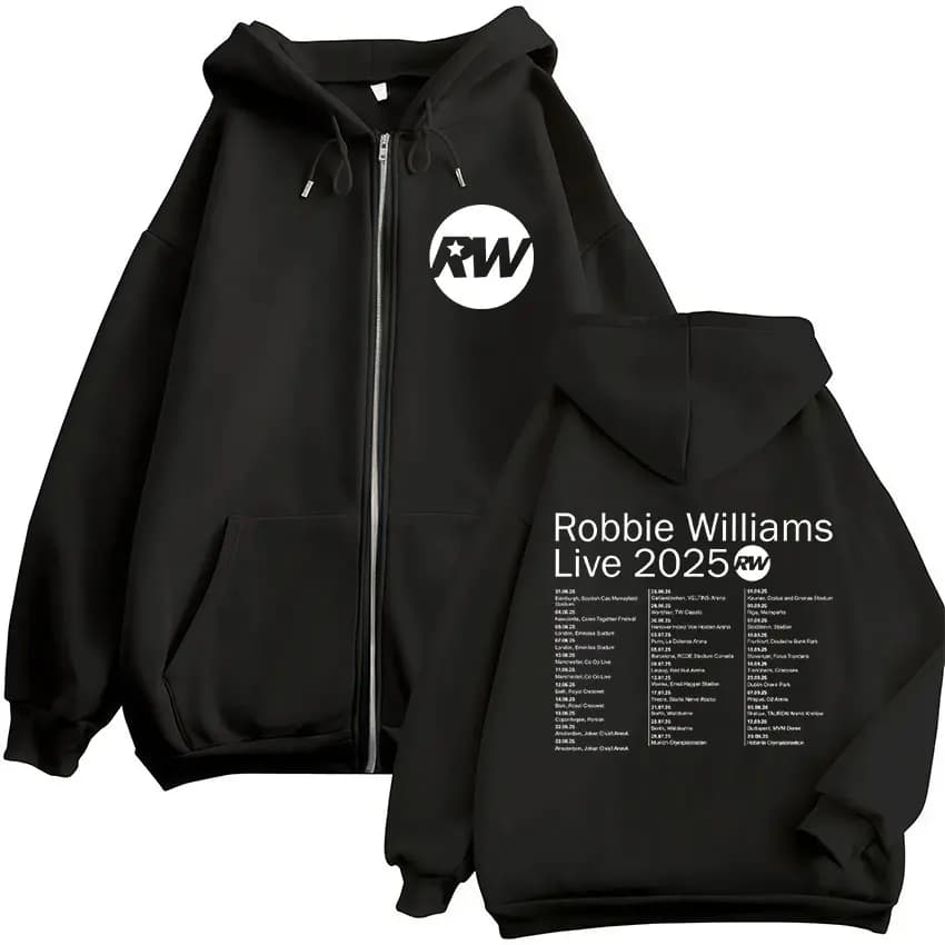 Robbie Williams Live Tour 2025 Rw Logo Felpa con cappuccio con cerniera Uomo Donna Casual Felpa con zip oversize Felpa con cappuccio in pile Hip Hop