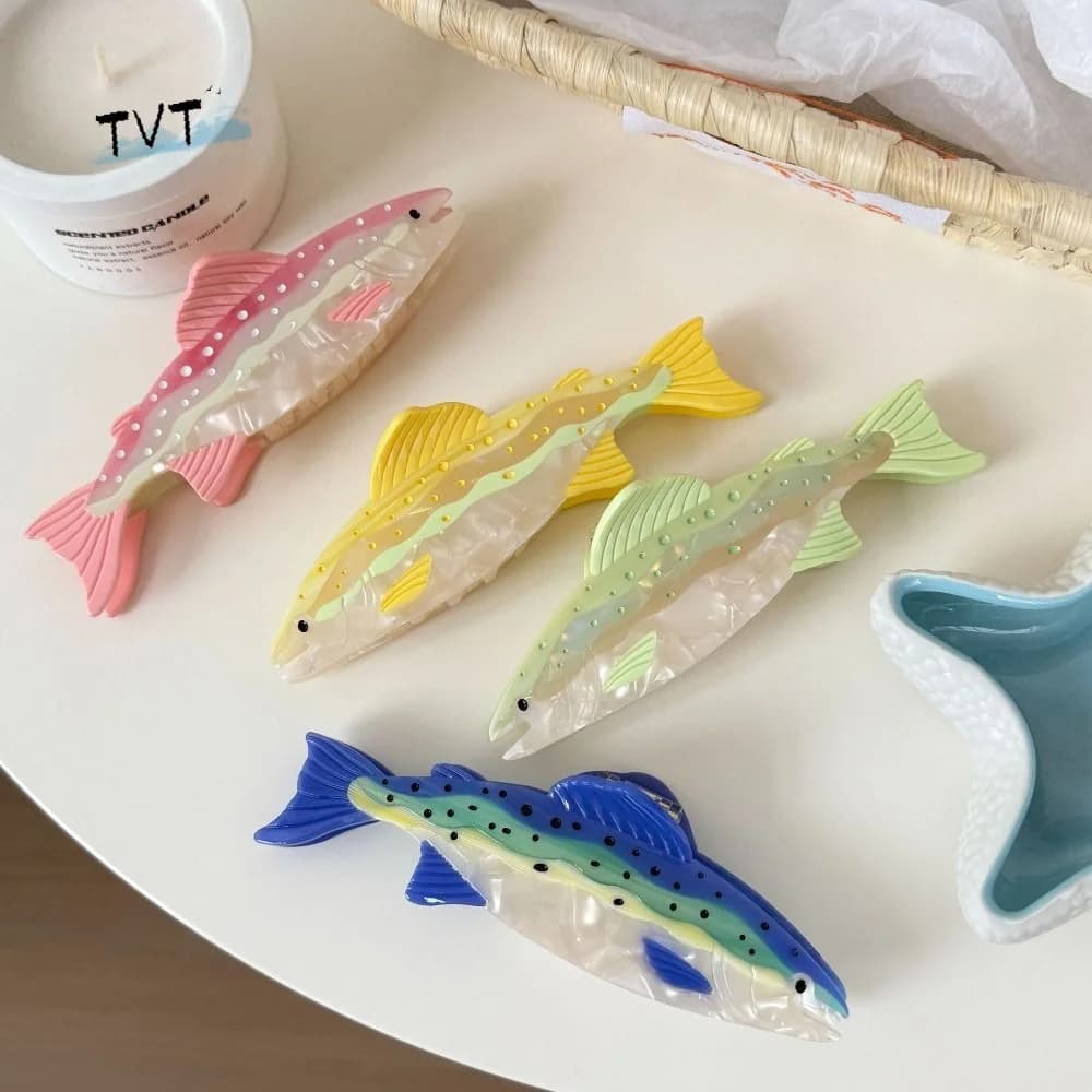 Fermaglio per capelli creativo a forma di pesce oceanico, pinza grande per capelli a forma di salmone, in acetato colorato, a tema animali marini, per le vacanze