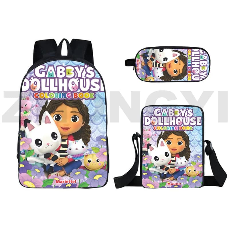 Cartoon Gabby's Dollhouse Gabbys Doll House 3D 3pcs/Set School Bags Laptop Daypack Backpack Inclined shoulder bag Pencil Case