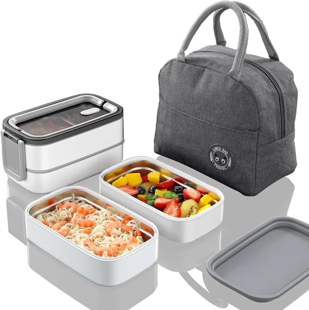 Contenitore per il pranzo in acciaio - Scatola con borsa termica, 3 scomparti - Design a strati per lavoro e picnic
