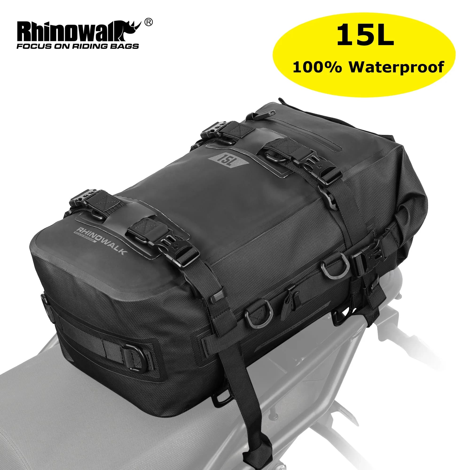 Borsa da moto impermeabile Rhinowalk per uomo, zaino nero, bagaglio posteriore, borsa da viaggio, impermeabile al 100%, 15 litri