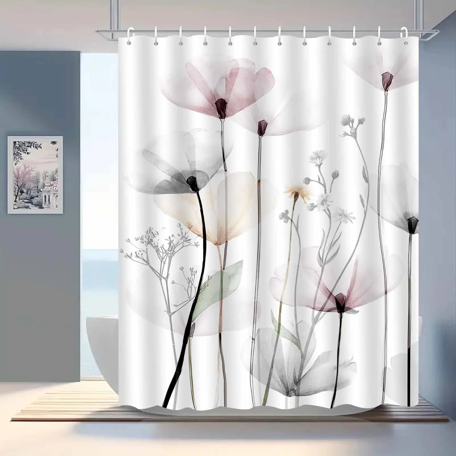 Tenda da Doccia Moderna ed Elegante con Motivi Floreali, Stile Nordico, Decorazione Bagno in Tessuto Bianco con Ganci