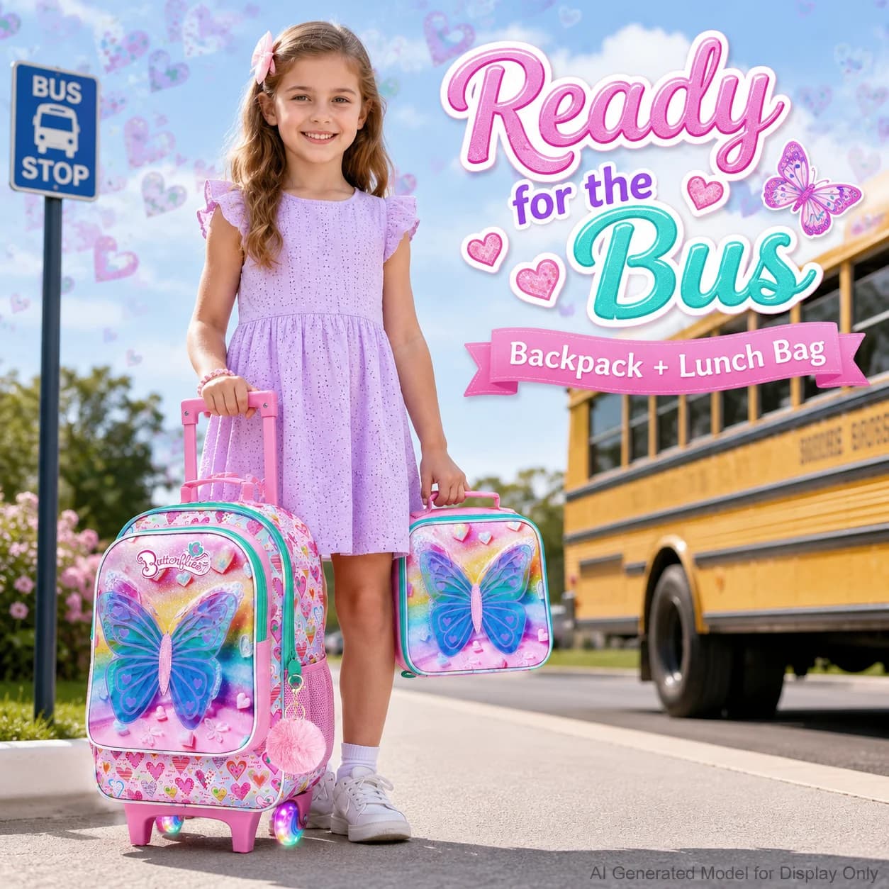 3Pcs Girls 3D Butterfly Rolling Backpack Set Sparkle Wheel Rainbow Trolley Bag with Handbag Pencil Case for Kids School Trip