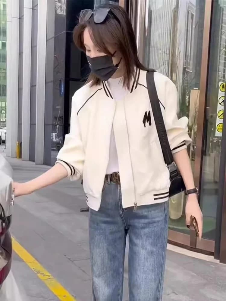 Casual Short Women's Baseball Jacket Fashionable Spring Autumn New Style Versatile Loose Fit Zipper Design Polyester Fiber