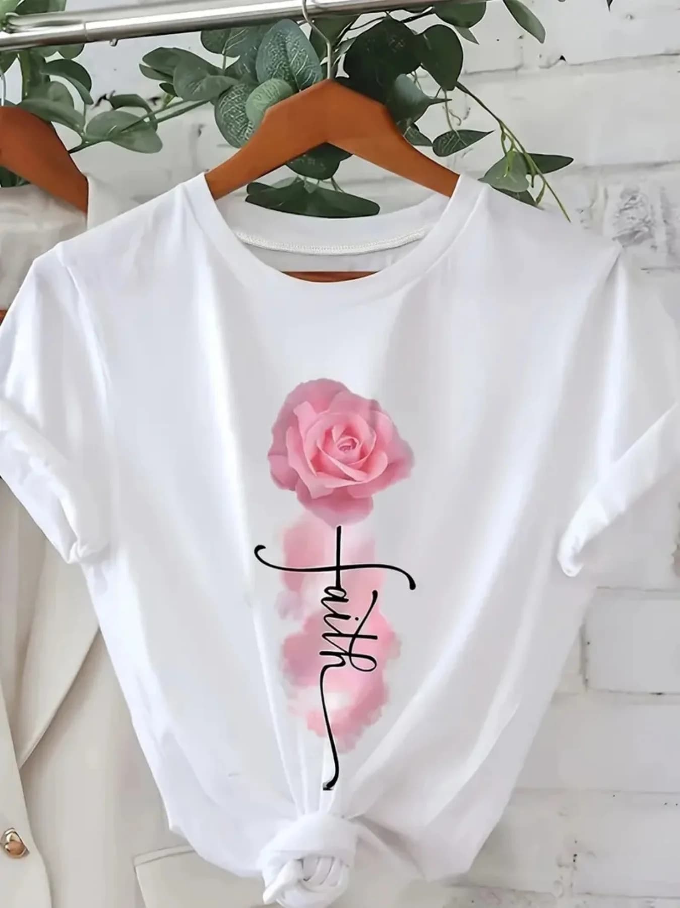 Faith Flowers And Plants Printed T-Shirts Casual T-Shirts with Short Sleeves And Spring And Summer Fashion Women'S Tops T-Shirts