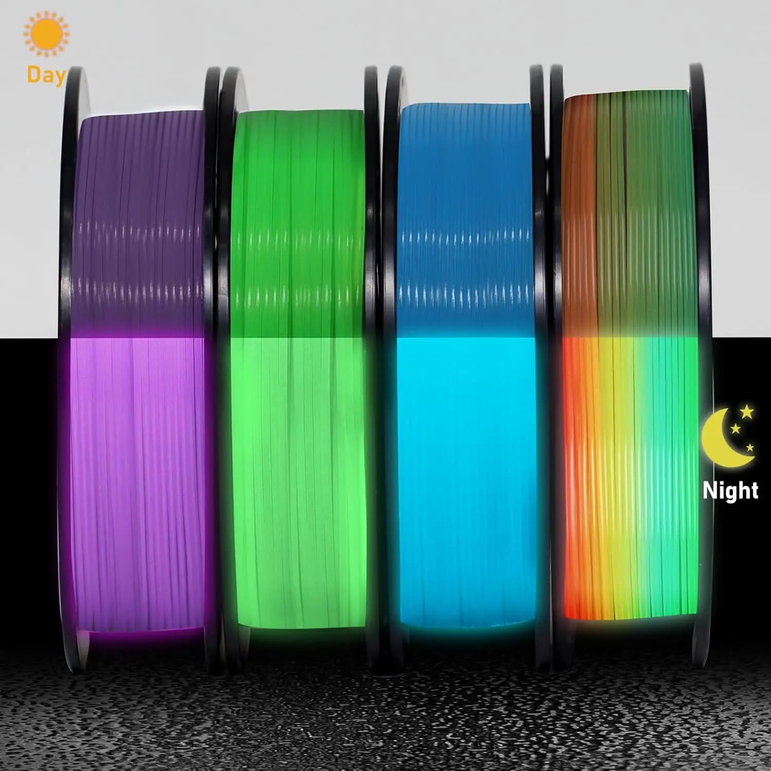Filament that illuminates in the dark Multicolor, green, blue, purple and rainbow, filament PLA 1,75 mm, 3D printer filament package,