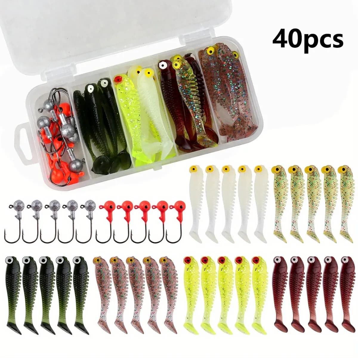 Kit di 40 Esche Morbide da Pesca, 5cm 3.5g con Testa Piombata e Scatola per Attrezzatura da Pesca