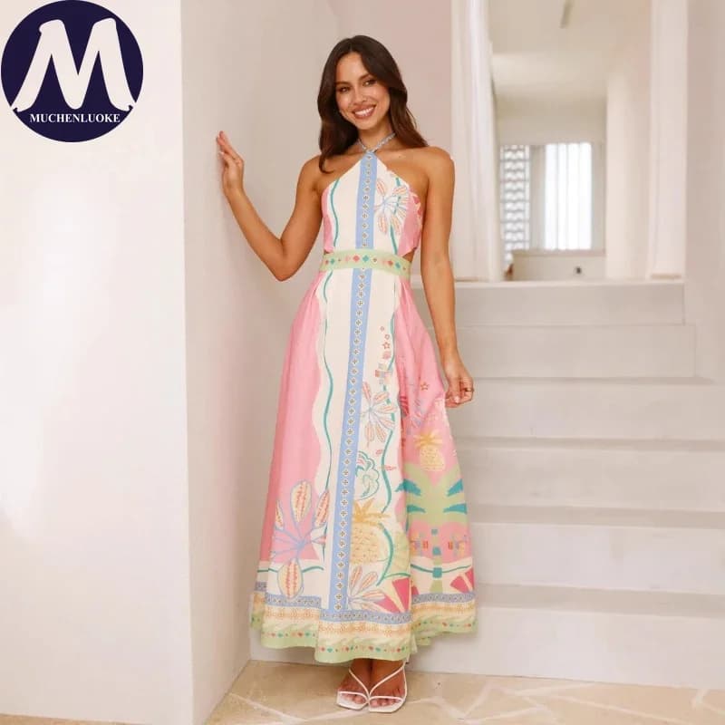Elegante Abito Senza Maniche con Collo all'Americana per Donne, Sexy, Stampato, Aderente, con Lacci sul Retro, per Spiaggia e Vacanze Estive alla Moda