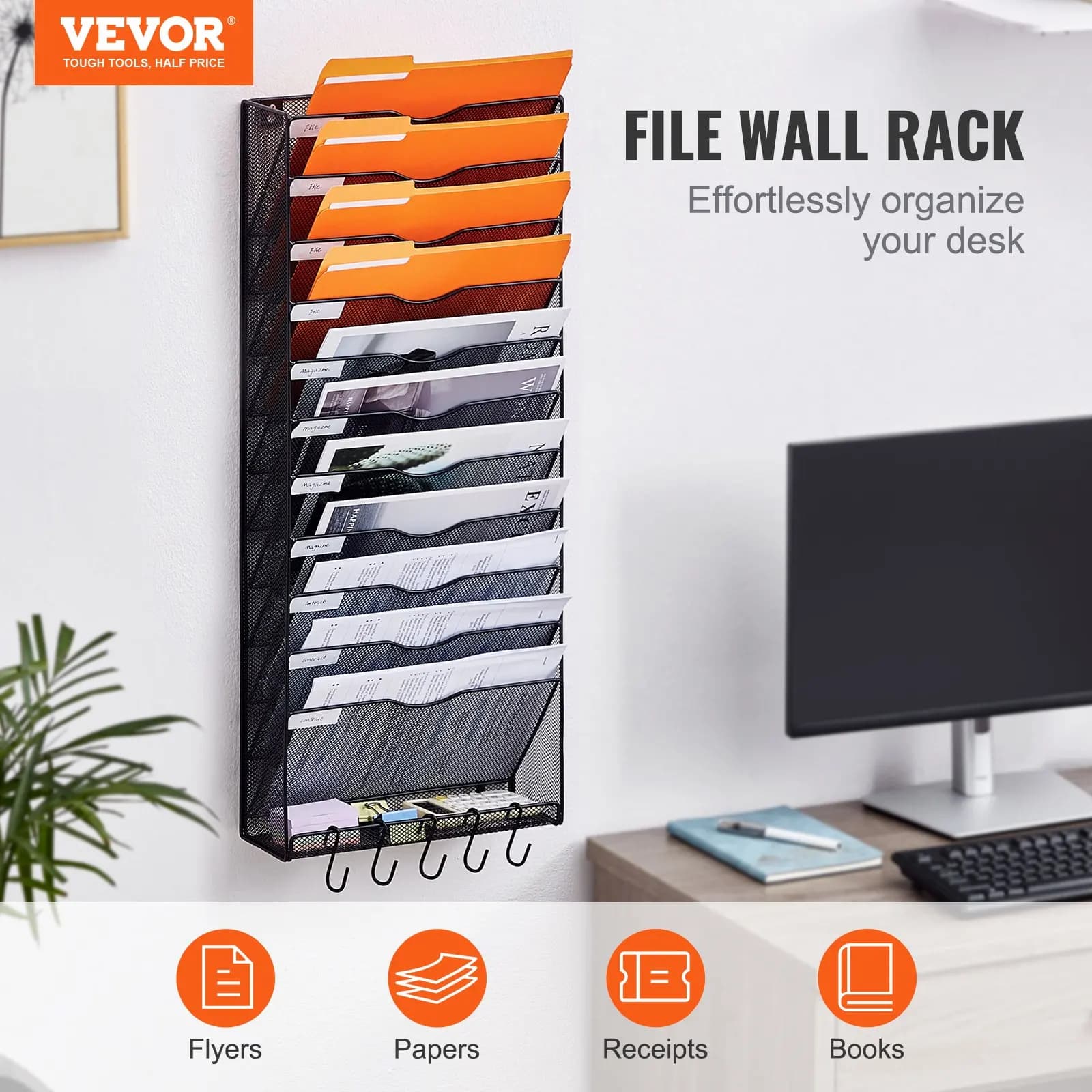 Portadocumenti da Parete, Porta Archivio a Rete Monoblocco con 12 Tasche, Organizzatore da Parete per Riviste, Posta, Carta e Documenti, in Metallo
