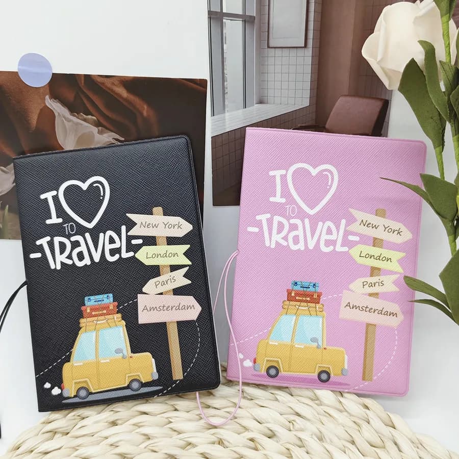 1 pezzo I Love Travel Custodia per passaporto in pelle PU Porta portafoglio Accessori da viaggio per uomo o donna