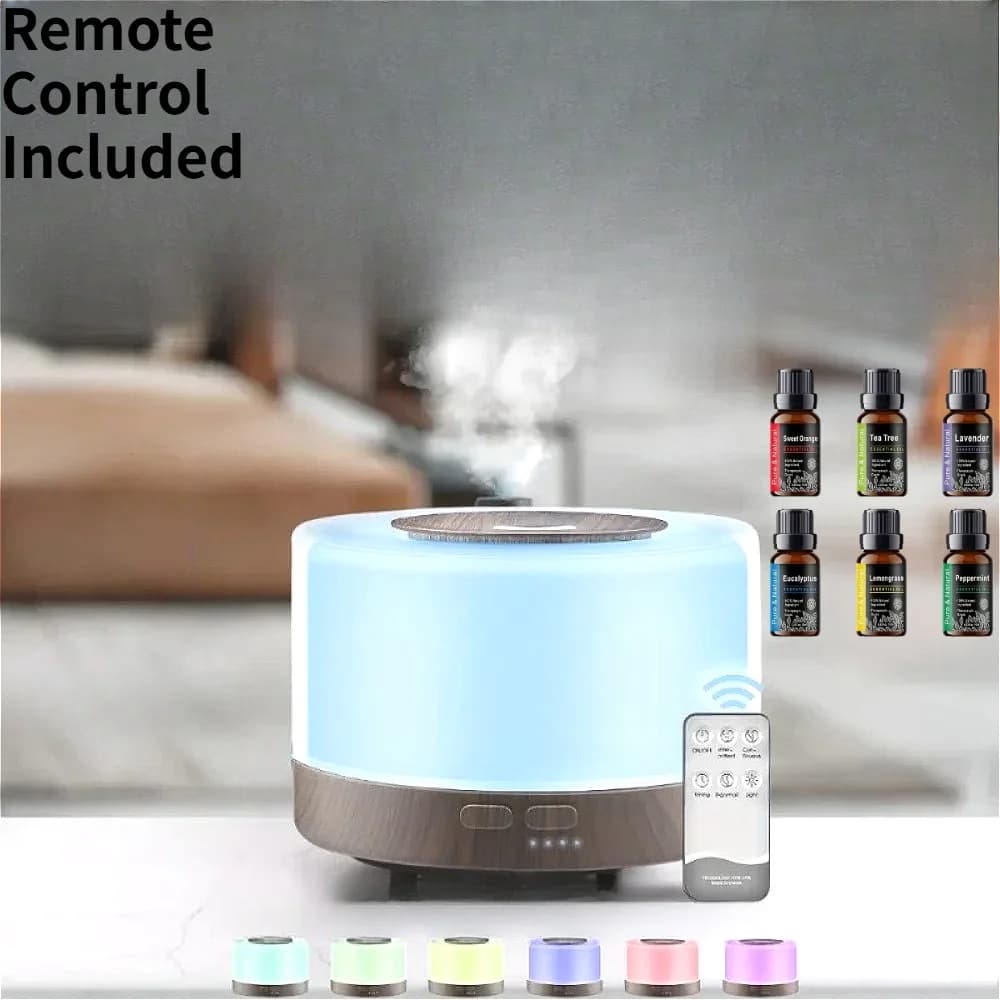 Diffusore di Oli Essenziali con Effetto Legno da 16.91oz, Umidificatore Alimentato USB con Telecomando, Mini Diffusore di Aromi Ultrasonico per Camera da Letto