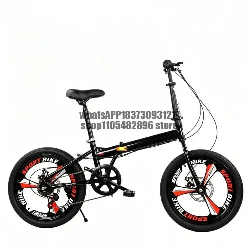 Black 20 Inch Lightweight Folding Bicycle One-Piece Wheel Ultra-Light Portable Student Disc Brake Variable Speed Bike