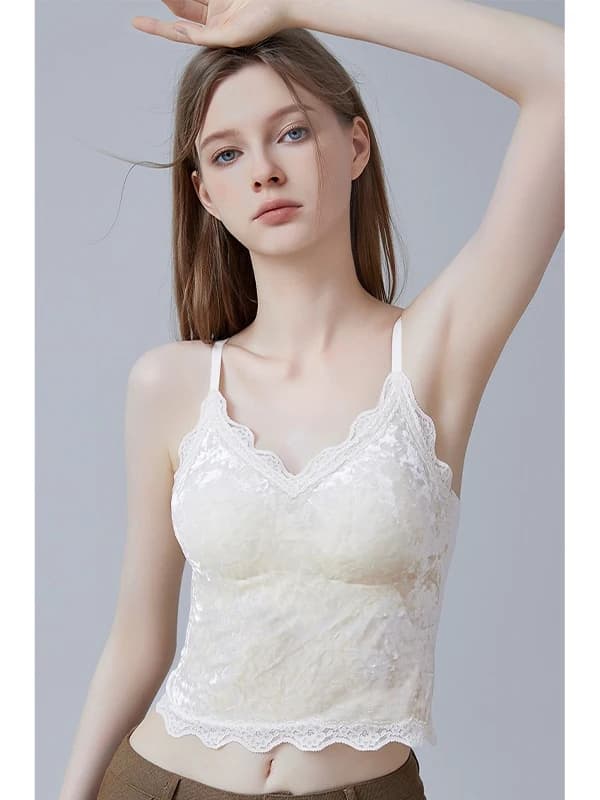 Top a fascia in velluto da donna, intimo primaverile autunnale, con nastro in pizzo, imbottitura sul petto, caldo, con schiena decorata, scollo a V, top a tubo base