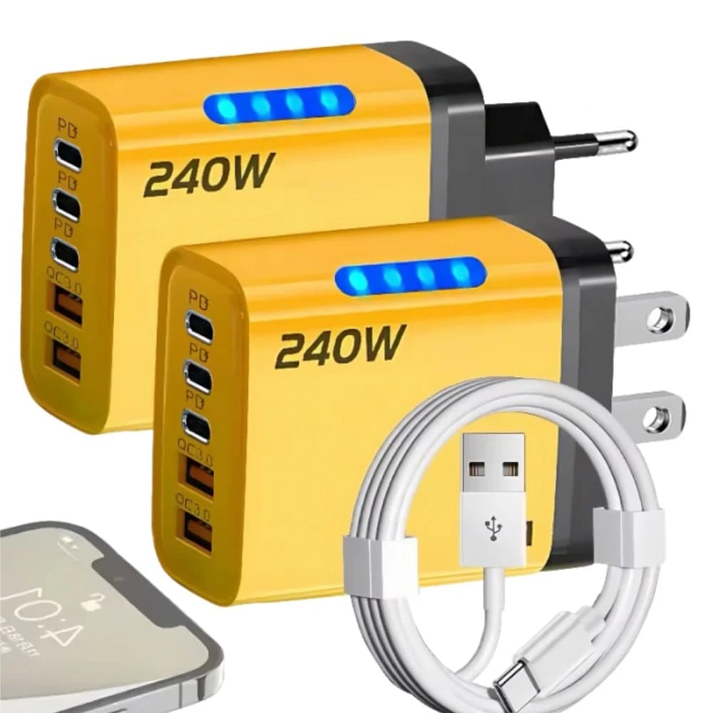 GaN 5 in 1 240W table charger with fast charging, 10A USB Type-C cable adapter, 3PD, 2 USB for iPhone 16, 15 Pro, laptop
