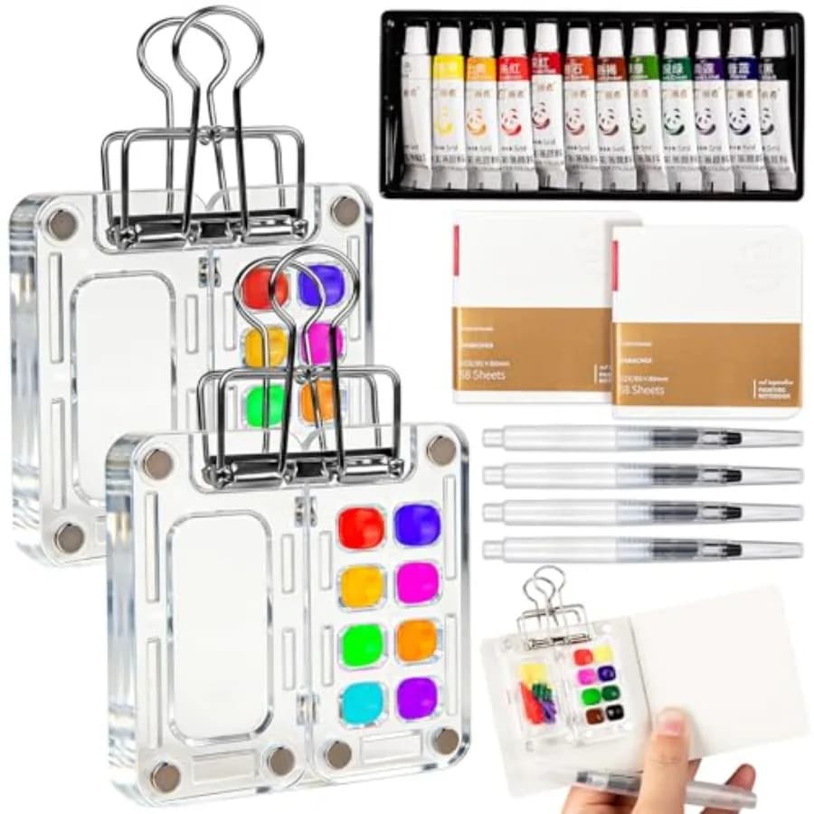Mini Watercolor Paint Set Travel - Portable Pocket Watercolor Kit with 2 Magnetic Palette Clip, 4 Brushes and 2 Sketchbook - Ti