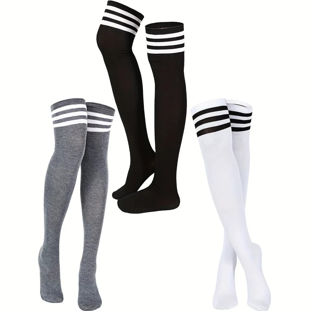 Calze Lunghe da Donna Sopra il Ginocchio, Nere, Bianche, Grigie a Righe, Design Classico a 3 Strisce, Calze Lunghe Morbide in Maglia