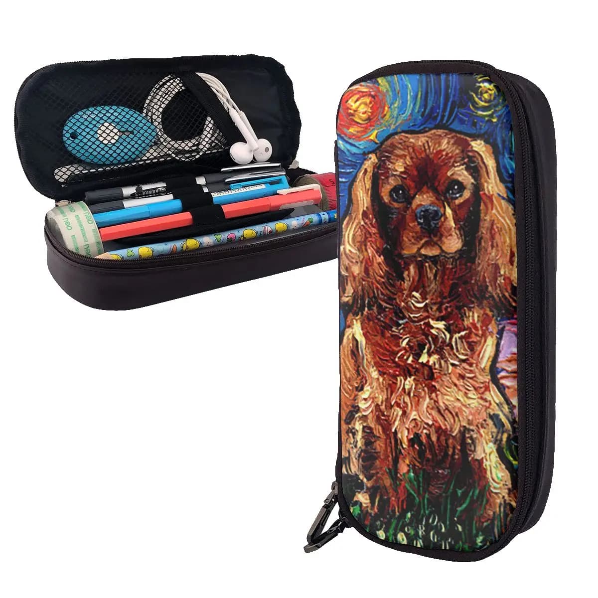 Ruby Dog Cavalier King Charles Spaniel Night Astuccio in pelle Portapenne Forniture di cancelleria Astuccio per penne Astuccio per matite