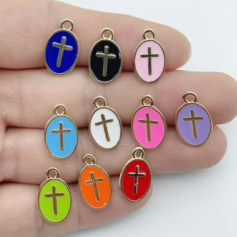 12pcs Colorful Elliptical Cross Drip Oil Alloy Small Pendant Multi Color Religious Cross DIY Bracelet Necklace Accessories