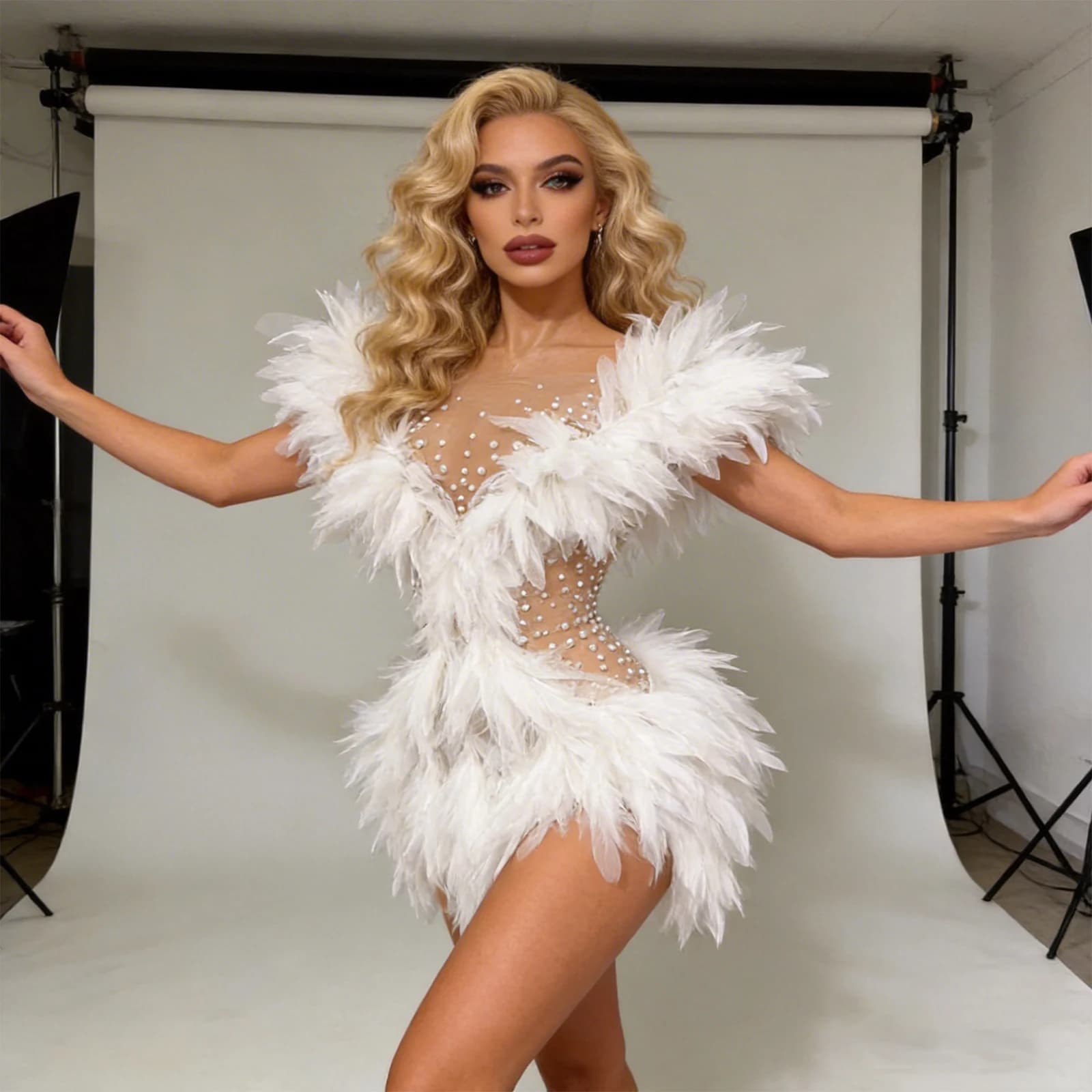 Abito Mini Sexy Bianco con Strass e Ali Trasparenti, Costume da Spettacolo per Cantanti, Performance sul Palco, Outfit da Drag Queen per Bar e Discoteca