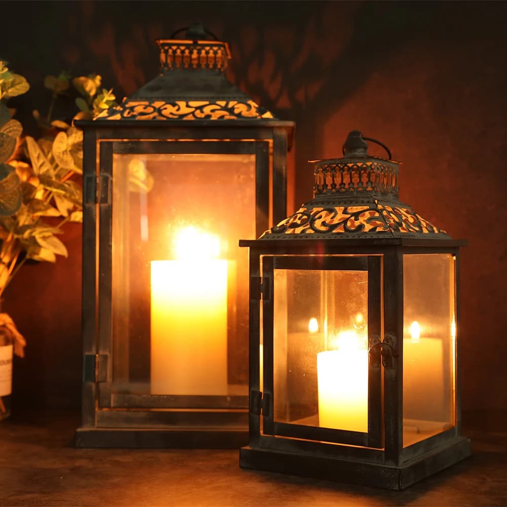Set di Due Lanterne Portacandele in Metallo Grigio Anticato, Stile Vintage Quadrato, per Decorazioni Casa e Matrimonio